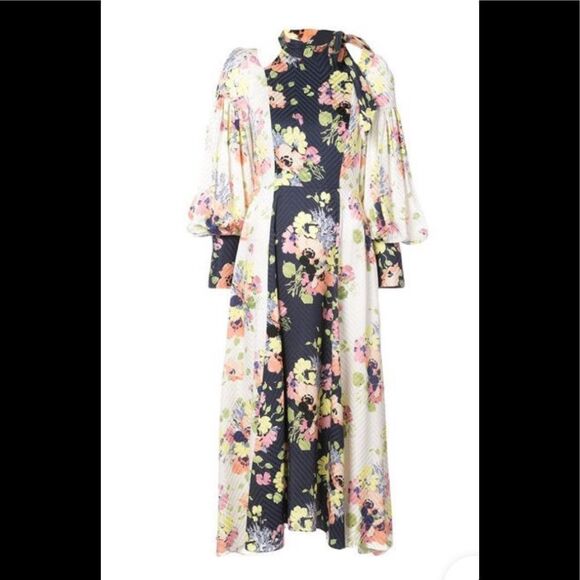 Jill Stuart Paola Mixed Floral Print Tie Neck Long Sleeve Silk Midi Dress 4 - Picture 3 of 10